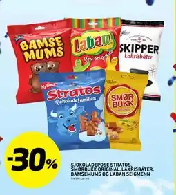 Bunnpris SJOKOLADEPOSE STRATOS, SMØRBUKK ORIGINAL, LAKRISBÅTER, BAMSEMUMS OG LABAN SEIGMENN tilbud