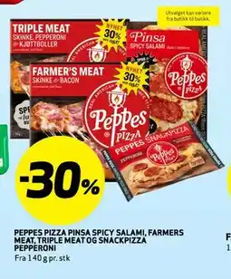 Bunnpris PEPPES PIZZA PINSA SPICY SALAMI, FARMERS MEAT, TRIPLE MEAT OG SNACKPIZZA PEPPERONI tilbud