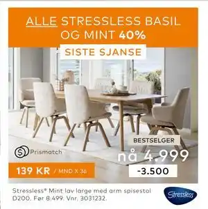 Skeidar Stressless Mint lav large med arm spisestol D200 tilbud