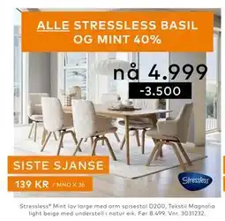 Skeidar Stressless Mint lav large med arm spisestol tilbud