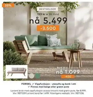 Skeidar Lorient brisk med vippfunksjon acasia treverk med grønn pute tilbud