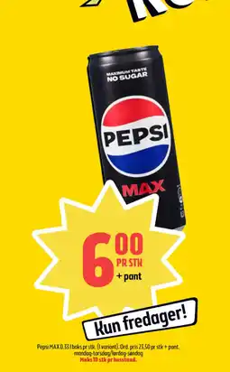 Coop Prix Pepsi MAX 0.33 1 boks pr stk. (I variant). Ord. pris 23,50 pr stk + pant. tilbud