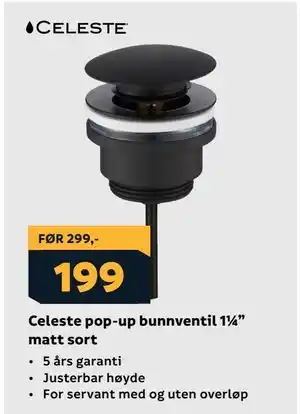 Megaflis Celeste pop-up bunnventil 1¼” matt sort tilbud