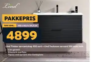 Megaflis Lind Timber servantskap 100 sort + Lind Toulouse servant 100 matt hvit tilbud