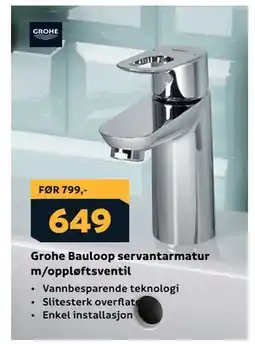 Megaflis Grohe Bauloop servantarmatur m/oppløftsventil tilbud