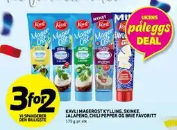 Bunnpris KAVLI MAGEROST KYLLING, SKINKE, JALAPENO, CHILI PEPPER OG BRIE FAVORITT tilbud