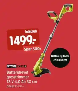 Jula Batteridrevet gresstrimmer 18 V 4,0 Ah 30 cm tilbud
