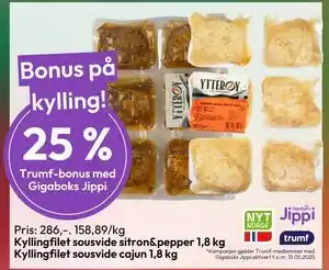 Gigaboks Kyllingfilet sousvide sitron&pepper 1,8 kg. Kyllingfilet sousvide cajun 1,8 kg tilbud