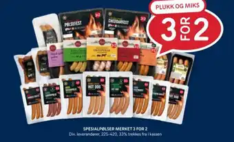 Rema 1000 Spesialpølser merket 3 for 2 tilbud