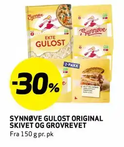 Bunnpris SYNNØVE GULOST ORIGINAL SKIVET OG GROVREVET tilbud