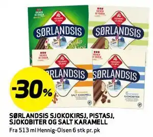 Bunnpris SØRLANDSIS SJOKOKIRSJ, PISTASJ, SJOKOBITER OG SALT KARAMELL tilbud