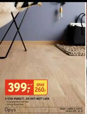 Montér 3-STAV PARKETT EIK HVIT MATT LAKK tilbud