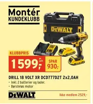 Montér DRILL 18 VOLT XR DCD777D2T 2x2,0AH tilbud