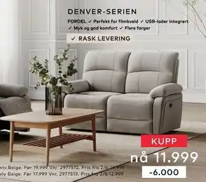 Skeidar Denver 2-seter recliner elektrisk tilbud