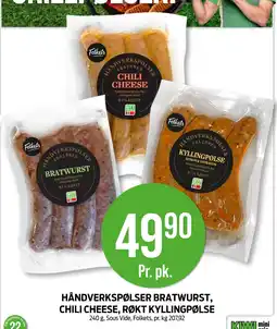 Kiwi Håndverkspølser bratwurst, chili cheese, røkt kyllingpølse tilbud