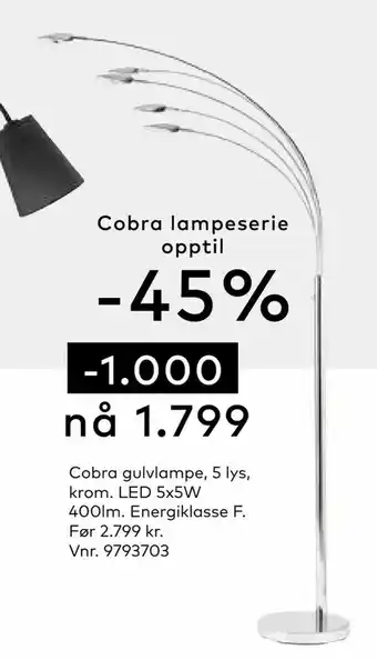 Skeidar Cobra gulvlampe, 5 lys, krom. LED 5x5W 400lm. Energiklasse F tilbud