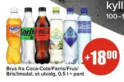 Spar Brus fra Coca-Cola/Farris/Frus/ Bris/Imsdal, et utvalg, 0,5 l + pant tilbud
