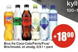 Spar Brus fra Coca-Cola/Farris/Frus/ Bris/Imsdal, et utvalg, 0,5 l + pant tilbud