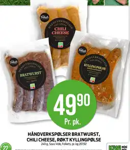 Kiwi FOLKETS Håndverkspølser bratwurst, chili cheese, røkt kyllingpølse tilbud