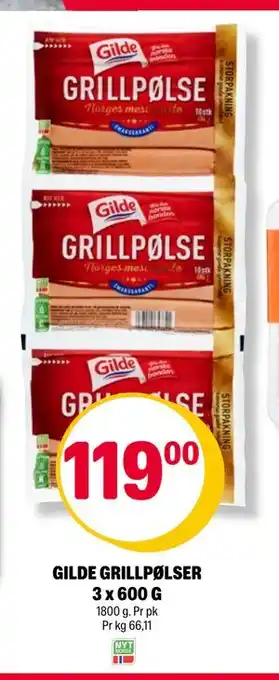 Coop Extra GILDE GRILLPØLSER 3 x 600 G tilbud
