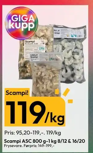 Gigaboks Scampi ASC 800 g-1 kg 8/12 & 16/20 tilbud
