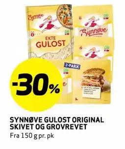 Bunnpris SYNNØVE GULOST ORIGINAL SKIVET OG GROVREVET tilbud