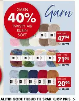 Sparkjøp Garn 40% TWISTY AIR RUBIN SOFT tilbud