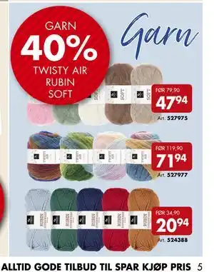 Sparkjøp Garn 40% TWISTY AIR RUBIN SOFT tilbud