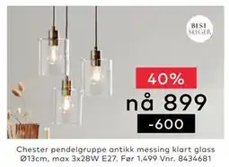 Skeidar Chester pendelgruppe antikk messing klart glass tilbud