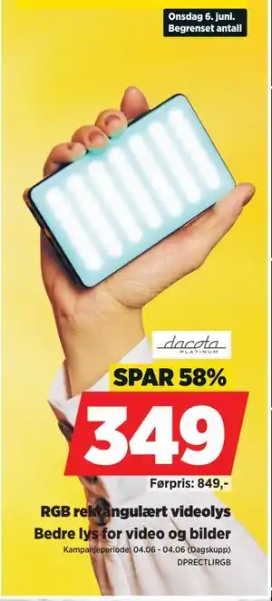 POWER RGB rektangulært videolys tilbud