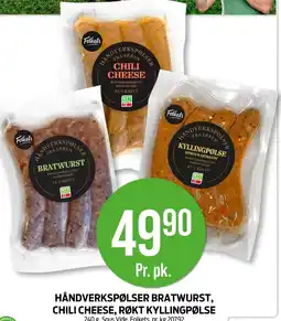 Kiwi HÅNDVERKSPØLSER BRATWURST, CHILI CHEESE, RØKT KYLLINGPØLSE tilbud