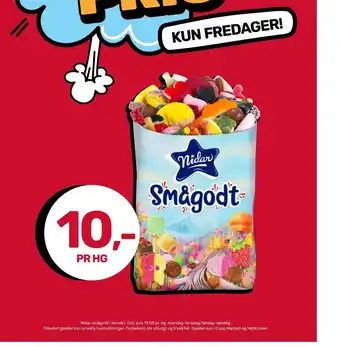 Coop Marked Nidar smågodt i løsvekt. Ord. pris 19,50 pr. hg. mandag-torsdag/lørdag-søndag. tilbud