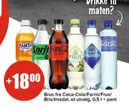 Spar Brus fra Coca-Cola/Farris/Frus/ Bris/Imsdal, et utvalg, 0,5 l + pant tilbud