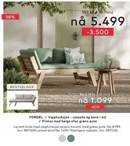 Skeidar Lorient brisk med vippfunksjon acasia treverk med grønn pute tilbud