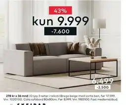 Skeidar Enjoy 3-seter i tekstil Brego beige med sorte ben tilbud