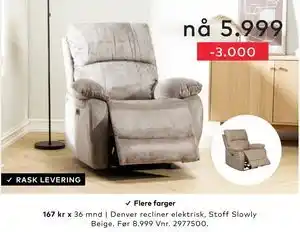 Skeidar Denver recliner elektrisk tilbud