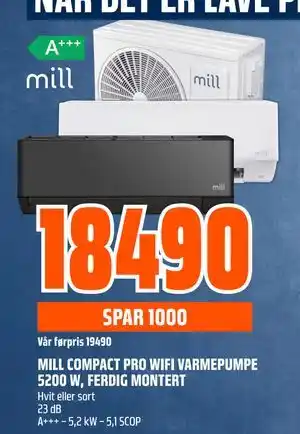 Obs Bygg MILL COMPACT PRO WIFI VARMEPUMPE 5200 W, FERDIG MONTERT tilbud