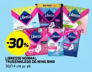 Bunnpris LIBRESSE NORMAL TRUSEINNLEGG OG WING BIND tilbud