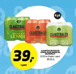 Bunnpris CLAUSTHALER RADLER LEMON, PEAR GINGER OG GRAPEFRUIT tilbud