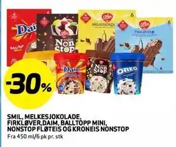 Bunnpris SMIL MELKESJOKOLADE, FIRKLØVER, DAIM, BALLTOPP MINI, NONSTOP FLØTEIS OG KRONEIS NONSTOP tilbud