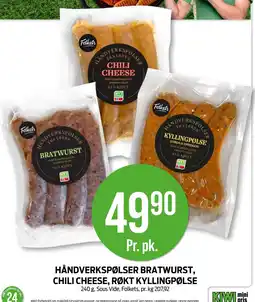 Kiwi FOLKETS Håndverkspølser bratwurst, chili cheese, røkt kyllingpølse tilbud