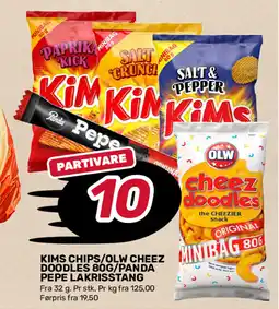 Matkroken KIMS chips/olw cheez doodles 80g/panda pepe lakrisstang tilbud
