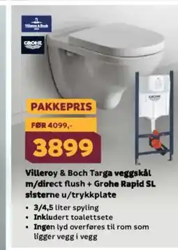 Megaflis Villeroy & Boch Targa veggskål m/direct flush + Grohe Rapid SL tilbud