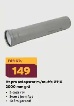 Megaflis Ht pro avløpsrør m/muffe Ø110 2000 mm grå tilbud