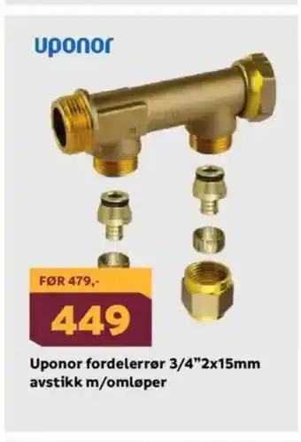 Megaflis Uponor fordelerrør 3/4"2x15mm avstikk m/omløper tilbud