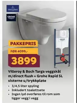 Megaflis Villeroy & Boch Targa veggskål m/direct flush + Grohe Rapid SL sisterne u/trykkplate tilbud