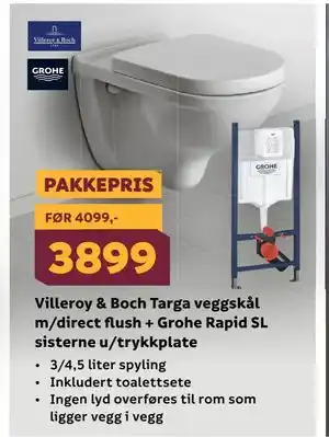 Megaflis Villeroy & Boch Targa veggskål m/direct flush + Grohe Rapid SL sisterne u/trykkplate tilbud