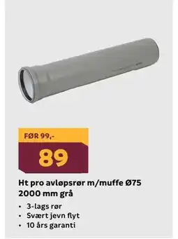Megaflis Ht pro avløpsrør m/muffe Ø75 2000 mm grå tilbud