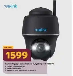 Megaflis Reolink Argus pt batterikamera m/lys 5mp sort B430 V3 tilbud