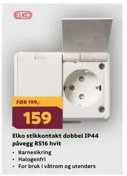 Megaflis Elko stikkontakt dobbel IP44 påvegg RS16 hvit tilbud